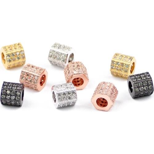 HGKLBB White Zircon Copper Spacer beads 2pcs 6/8mm Geometric Pave CZ Crystal Charms Loose beads for Jewelry making bracelet DIY