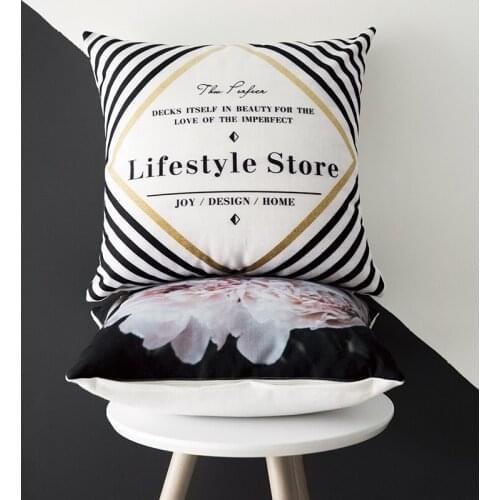 White Black Cushion Cover Pillow Case Poney Floral Black Stripe Geoemtric Cushions For Sofa Seat Simple Home Decor 43*43cm