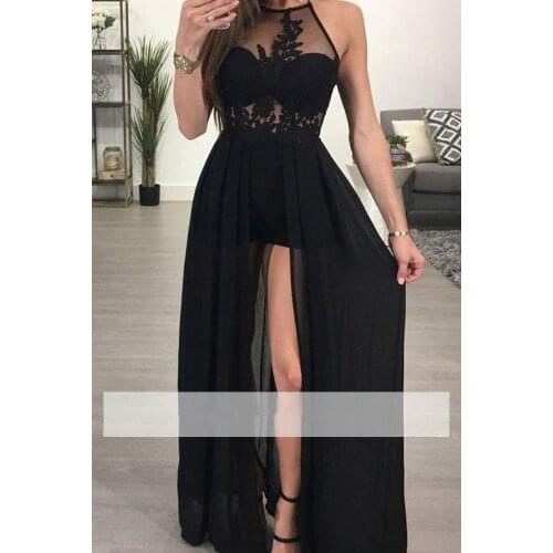 Black Prom Dresses A-line High Colla Chiffon Lace See Through Party Maxys Long Prom Gown Evening Dresses Robe De Soiree