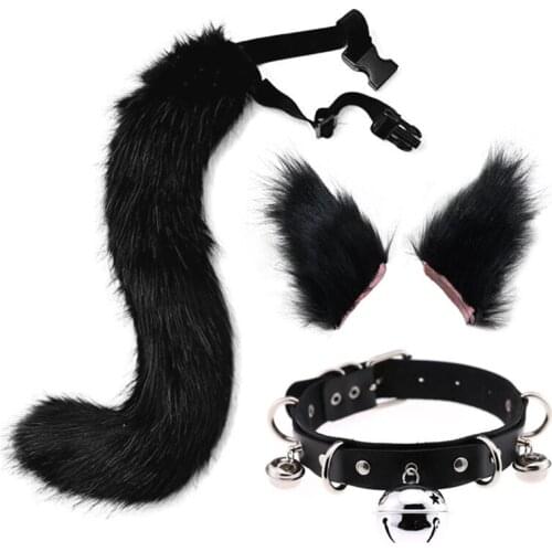 Wolf Fox Tail Clip Ears And Bell Neck Chocker Set For Halloween Party Cosplay Costume Accessories New Kids/Adult