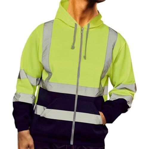 Cofekate 4XL Mens Road Work High Visibility Pullover Long Sleeve Hooded Coats Reflective Zipper Pocket Tops Mens Clothing