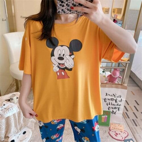 Color cartoon Mickey print summer new pajamas womens hooded short-sleeved trousers cute pattern milk silk home service