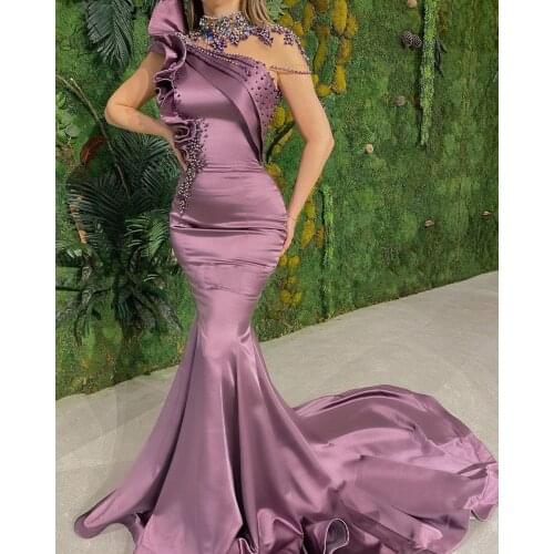 Elegant Purple Long Satin Mermaid Evening Dress Dubai Arabic Kaftan Prom Dresses 2020 Beaded Ruffles Women Formal Party Gowns
