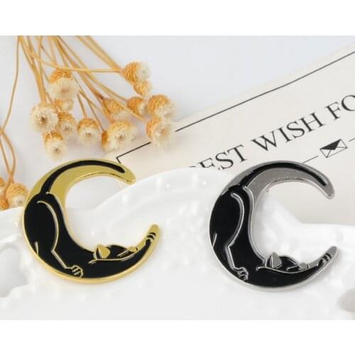 Cat Enamel Pin Black Animal Brooch Moon Cartoon color Lapel Denim Badge Jewelry Stretching Sleepy Gift For Girls
