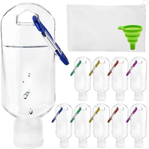 10pcs 30ml Hand Sanitizer Bottles Refillable Plastic Travel Bottle with Flip Cap Carabiner Funnel Bag for Alcohol Liquid Soap