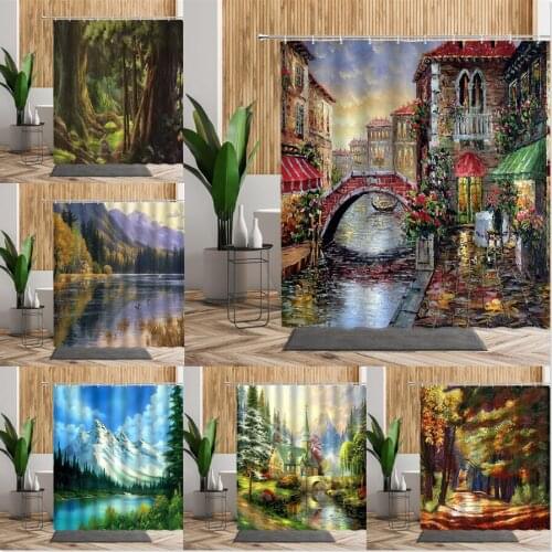 Oil Painting Europe Town Scenice Shower Curtain For Bathroom Garden Floral House Bridge Water Hanging Fabric Bath Decor Curtains