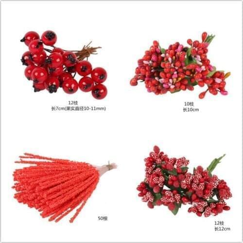 Hot Sales Mixed Red Flower Cherry Stamen Berries Bundle DIY Christmas Wedding Cake Gift Box Wreaths Decor
