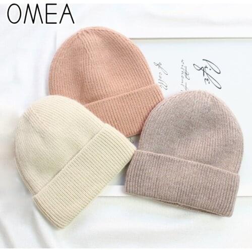 OMEA Solid Color Knitted Winter Hats Women Winter Imitation Angora Rabbit Fur Hat Thicken Beanies for Men Plus Velvet Fleece Cap