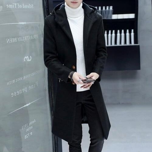 Knee Length Hooded Fashion Mens Woolen Coats Winter New Korean Single Breasted Slim Fit Long Sleeve Male Trench Coats Plus Size