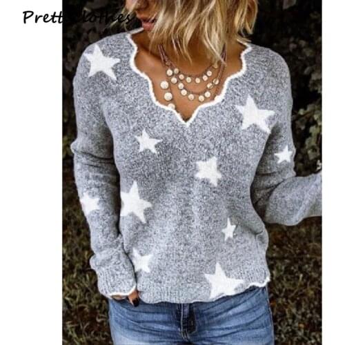 New Top Hot Sale Print Long-Sleeved Velvet Sweater Pullover Printed Ladies Long-Sleeved Elegant V-Neck T-Shirt With Star Tops