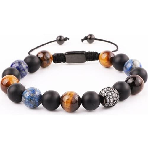 New Design Natural Stone CZ Pave Charm Tiger Eye Lapis Lazuli Macrame Adjustable Bracelet Men