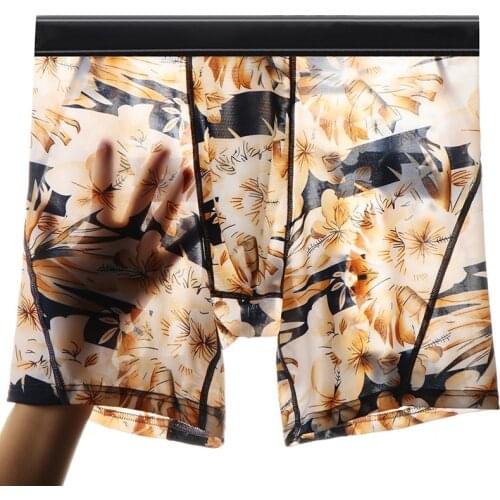 New Mens Underwear Long Boxers Ice Silk Summer Breathable Ultra-Thin Smooth Ice Silk Boxer Shorts