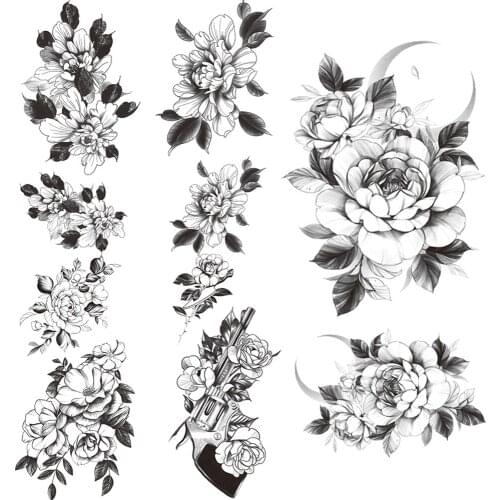 Creative Camellia Temporary Tattoos For Women Black Sweatpea Fake Tattoo Beauty Lily AK47 Flower Waterproof Tatoo Moon Body Hand