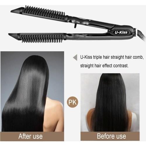 U-Kiss 180-230°C Ergonomic Design Anti-slip Display MCH Heater Ceramic Coating Plate Hair Curle Brush Hair Straightene Home Care