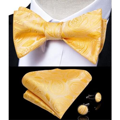 Yellow Solid Paisley Bowtie for Men Silk Ajustable Butterfly Hanky Cufflink Bowtie Set Wedding Party DiBanGu Designer JM-091