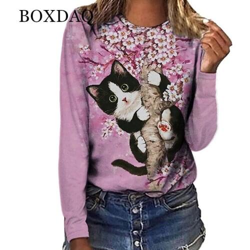 Cat Print Flowers T-Shirt Women Casual Loose Pullover Tunic 2021 Autumn New Ladies Streetwear Fashion O-Neck Long Sleeve Top Tee