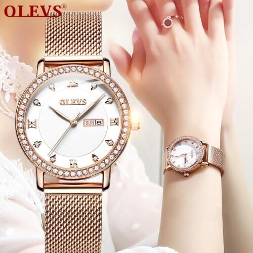 OLEVS Women Watches Top Brand Luxury Rose Gold Stainless Steel Diamond Watch Quartz Wrist Watch For Woman Clock Reloj Mujer