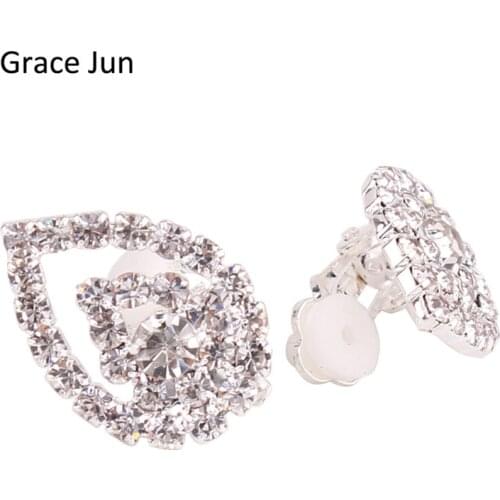 Grace Jun Bridal Rhinestone Clip Earrings Without Piercing for Women Fashion Jewelry No Ear Hole Ear Clip Wedding High Quality