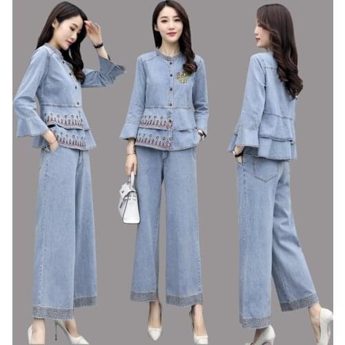 2020 Autumn WomenS Korean Fashion Loose Wide Leg Jeans+Denim Tops Suits Female Vintage Plus Size Denim 2 Piece Sets AA5422
