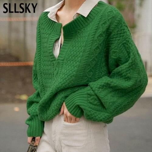 SLLSKY Korean Fashion Twist Knitted V-Neck Sweater Women Long Sleeve Beige Pullover Autumn Winter Warm Thick Sweater Tops 2020