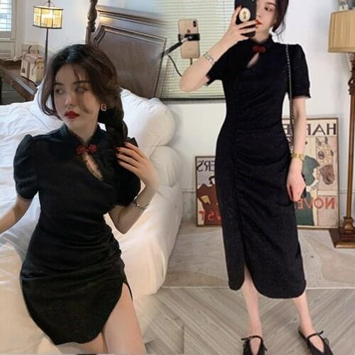 Womens Clothing New Cheongsam Summer Lace Lantern Sleeve Thin Short Dresses Princess Style Solid Color Printing Sexy Slim Dress