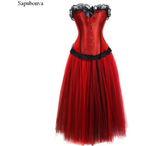 Sapubonva sexy corset dress long burlesque victorian plus size mesh skirt set lace up overbust corsets bustiers tops brocade red