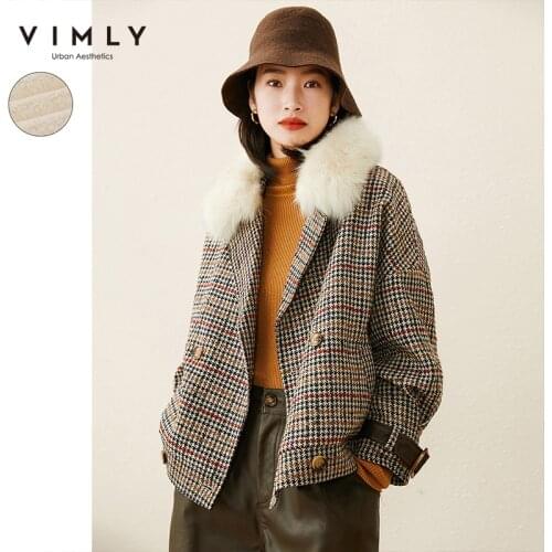 Vimly Winter Woolen Coat For Women Fashion Fur Collar Houndstooth Notched Double Breasted Plaid Jackets Elegant Female F5673