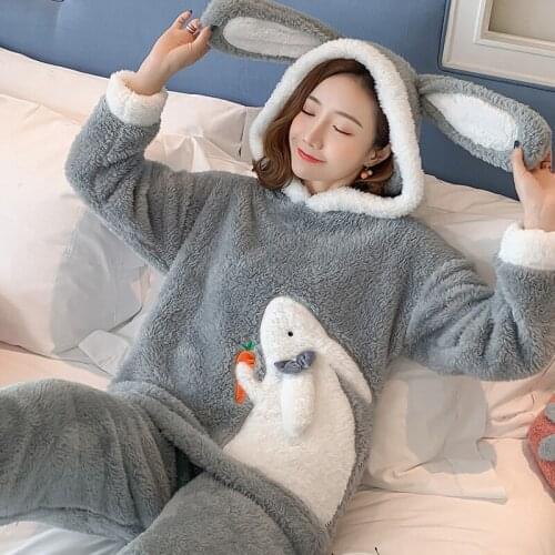 Winter Flannel Pajama Set Women Long Sleeve Loose Top Elastic Waist Thick Warm Sleepwear Pyjamas Home Clothing Sleep Lounge Suit