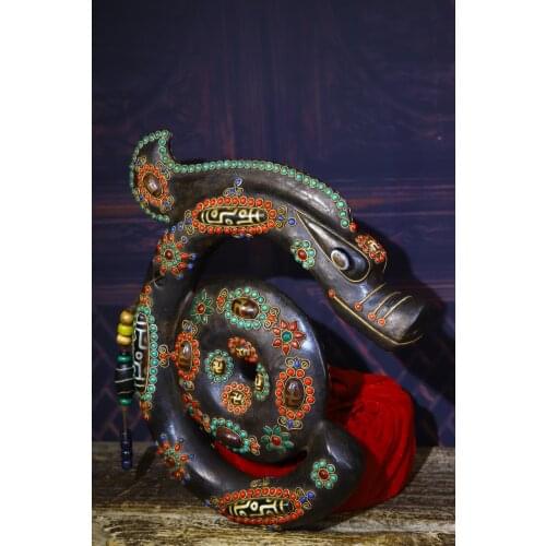 11"Tibet Buddhism Natural meteorite Filigree mosaic Gem Dzi Bead python plate snake statue Exorcism Ward off evil spirits