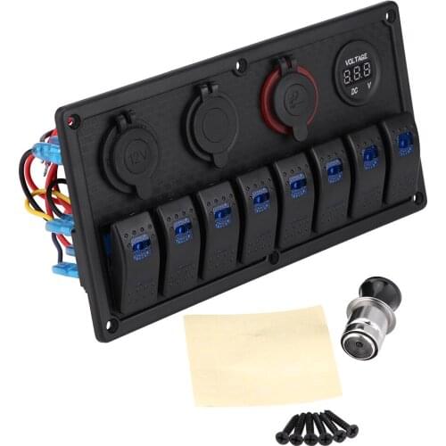 12V 24V 8 Gang Car Boat LED Rocker Switch Control Panel Dual USB Voltmeter Cigarette Lighter Car Switches Panel Auto Accessory