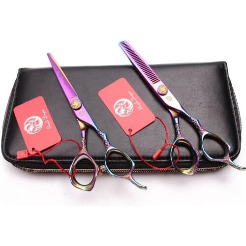 2Pcs 5.5" 6" 440C Purple Dragon Dog Scossors Straight Scissors Thinninng Shears Pets Shears Professional Grooming Scissors Z9001
