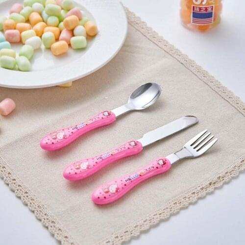3Pcs/Set Baby Feeding Spoon Kawaii Cutlery Cartoon Fork Knife Spoon Set Kids Stainless Steel Tableware Utensils