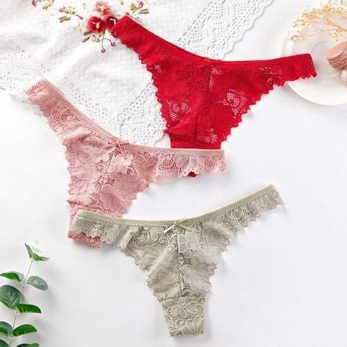 CWFMZQ 3Pcs/Lot Sexy Lace Thong Low-rise Transparent Panties Women Hollow Breathable G String Briefs Underwear Lingerie Mujer