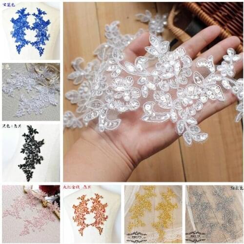 6 Pieces/3 Pairs 27*11cm Bling Sequin Embroidered Bridal Dress Wedding Decorative Sewing Lace Applique Trim Craft