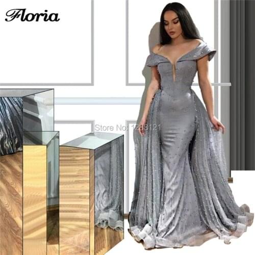 Arabic Pearls Evening Gown 2020 Custom Made Abendkleider Long Prom Dresses Dubai Gray Party Gowns Wedding Kaftans Robe De Soiree