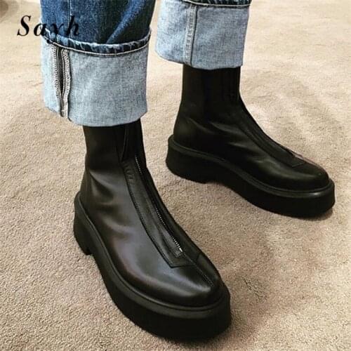 2020 Fashion Platform Women Boots Black Leather Chunky Heel Ankle Boots For Women Luxury Brand Desgin Zipper Winter Boots Women