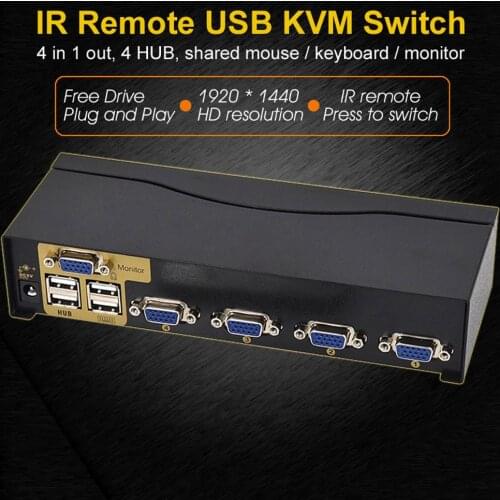 BOWU Auto 4 Port Smart VGA USB KVM Switch with IR Remote Support One Set Mouse Keyboard Monitor Control 4 PC and 4 KVM Cable