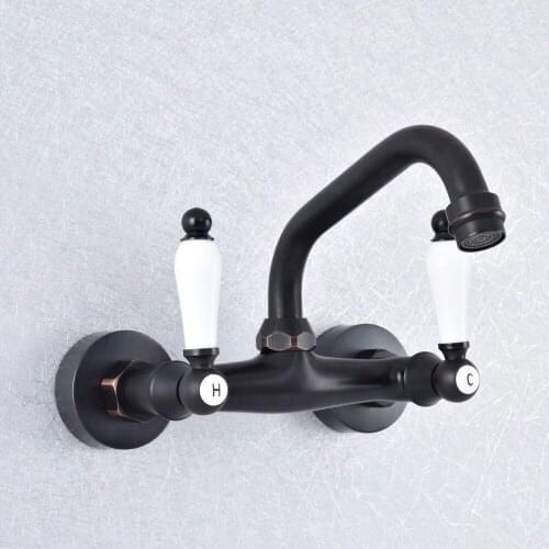 Black Brass Dual Handles Bathroom Kitchen Sink Faucets Wall Mounted Swivel Spout Two Holes Kitchen Mixer Taps Nsf755