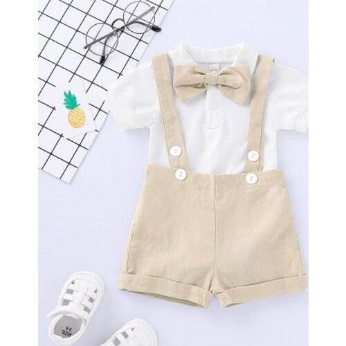 Baby Boys Fashion Short Sleeve Cotton Soft Bow Tie Gentleman Khaki Suspender Suit