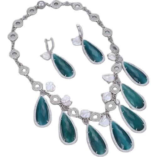 GG Jewelry Natural Cultured Keshi Pearl Green Cats Eye CZ Paved Chain Four Seasons Chocker Necklace Earrings Sets For Women