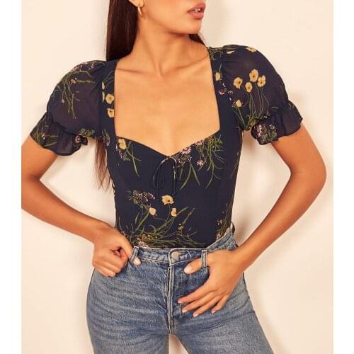 Short Puff Sleeve Vintage Floral Print Top Sweetheart Neck Tie Bow Elegant Blouses Women Casual 2021 Summer Tops Chiffon Blouse