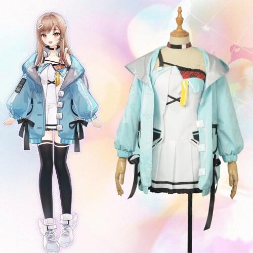 Anime Virtual YouTuber A.I.Channel Cosplay Costume Outfit for Women Girl Ruffles Dress Blue Jacket Hoodies Stockings Halloween