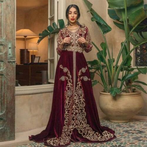 High Quality Burgundy Velour Moroccan Kaftan Muslim Evening Dress Vintage Applique Lace Dubai Saudi Arabia Special Occasion Gown