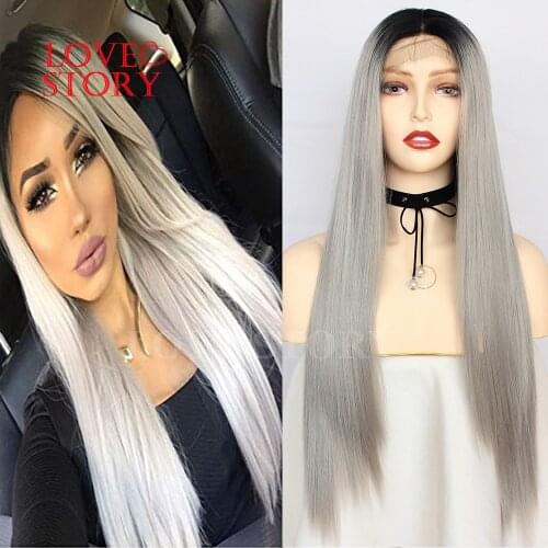 Lovestory Long Silky Straight Synthetic Replacement Hair Wig Grey Ombre Heat Resistant Fiber Synthetic Lace Front Wigs