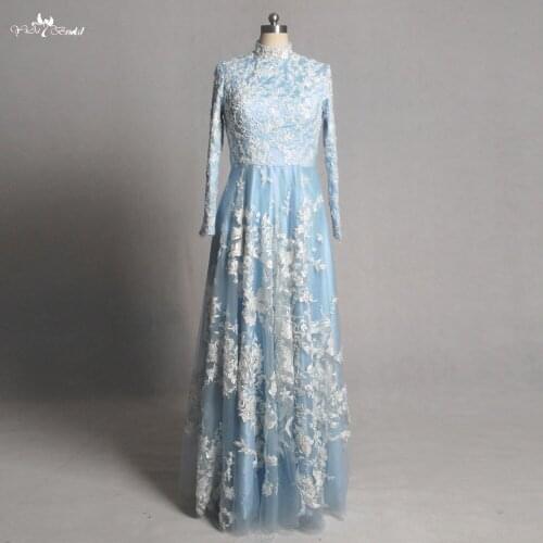 LZ197 Applique Bead Blue Lace Dress Long Sleeve Prom Dresses Muslim Evening Dress Vestido De Festa