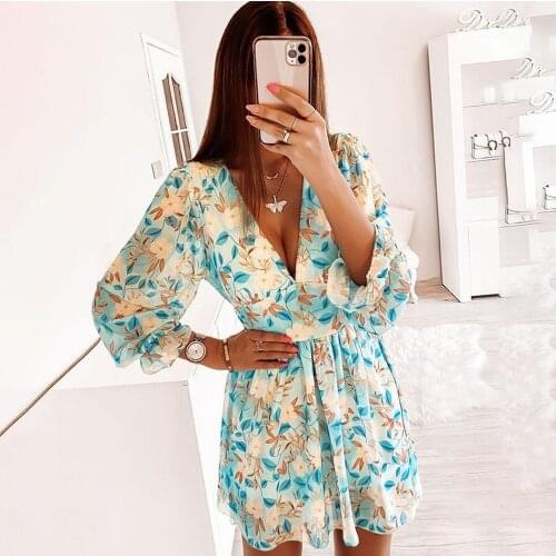Fashion Print Mini Dress Women Sexy Deep V-neck Autumn Casual Bohemian Long Sleeve Slim Dresses For Women Sundress Robe Femme