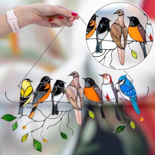 Multicolor Stained Birds on Wire Acrylic Suncatcher Window Panel Hanging Pendant Ornaments for Wall Home Decorations L69B