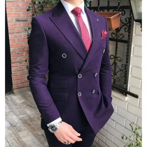 Double Breasted Men Suits Purple Groom Tuxedos Peak Lapel Groomsmen Wedding Best Man 2 Pieces ( Jacket+Pantst+Tie ) D62