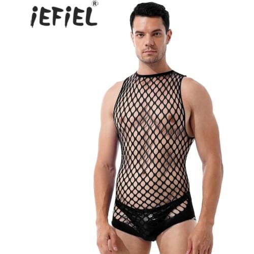 Men See-through Fishnet Leotard Netted Bodystockings Sleeveless Cutout Catsuit Bodysuit Backless Lace-up Sexy Lingerie Jumpsuits