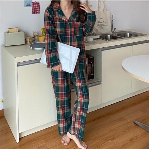 Autumn winter loose couple pajamas suit simple plaid home clothes plus size pants pyjamas long sleeve shirts lounge wear Y075
